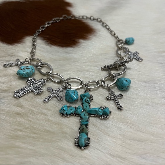 Turquoise Silver Cross Necklace - Picture 4 of 9